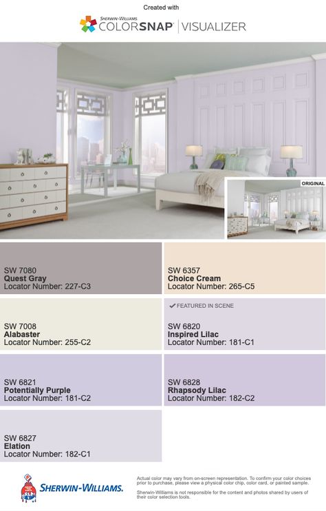 Inspired Lilac Sherwin Williams paint Lilac And Gray Bedroom, Queen Ann Lilac Sherwin Williams, Lilac Room Color, Purple Bedroom Paint Colors, Sherwin Williams Enchant, Violet Paint Colors Bedrooms, Obi Lilac Sherwin Williams, Lite Lavender Sherwin Williams, Sherwin Williams Lavender