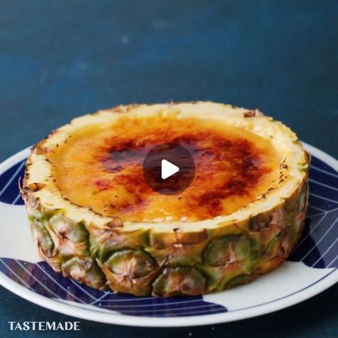 Tastemade on Instagram: "Pineapple crème brûlée will take your taste buds to paradise. 🍍

Pineapple Creme Brulee

Ingredients:

1 large pineapple
3 eggs
4 yolks
1/2 cup sugar, divided
1/2 cup pineapple juice
1 vanilla bean, scraped
2 tablespoons coconut milk
Whipped cream and strawberries, to garnish

Steps:

1. Preheat oven to 350 degrees, and line a baking sheet with parchment paper.

2. Cut pineapple into 4 large slices about 2 to 2 1/2-inches thick. Cut a circle in the middle of each slice, leaving about a 1/2-inch ring. Using a melon baller, scoop out the center of the pineapple going about halfway through and making sure not to pierce the bottom of the pineapple. Place on the prepared baking sheet.

3. In a saucepan over medium-low heat, whisk together eggs, yolks, 1/4 cup sugar, pi Coconut Milk Whipped Cream, Whipped Cream And Strawberries, Cream And Strawberries, Cream Brulee, Cut Pineapple, Melon Baller, 3 Eggs, Pineapple Juice, Parchment Paper