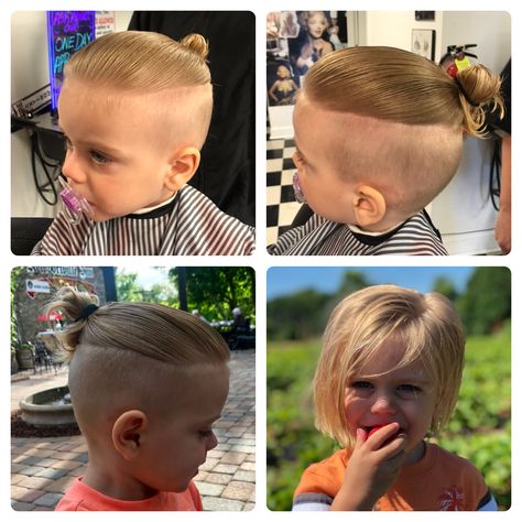 Toddler boy undercut for medium or long hair Boy Undercut Hair Kids, Toddler Boy Haircut Long On Top, Long Hair Toddler Boy Hairstyles, Long Hair Toddler Boy, Toddler Boy Long Hairstyles, Toddler Long Hairstyles Boy, Toddler Boy Long Haircut, Toddler Man Bun, Boys Man Bun Haircut