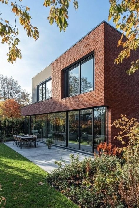 Red brick village house with large modern windows concrete paved front yard with lawn and native shrubs. The irresistible charm of village house designs — these gems turn humble abodes into enchanting rural escapes. Red Brick Facade, Bata Expose, Modern Residential Architecture, Terracotta Roof, Suburban House, Rustic Stone, Brick Facade, Modern Mansion, Modern Windows