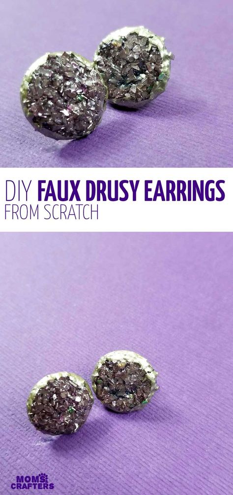 Click to learn how to make this gorgeous druzy earrings DIY using glass glitter! These look so real but they re such an easy jewelry making project for beginners and a cool craft for teens tweens and kids. Diy Druzy Earrings, Craft For Teens, Feather Earrings Diy, Diy Earrings Studs, Jewellery Project, Diy Statement Necklace, Los Angeles Downtown, Studs Diy, Diy Jewelry To Sell