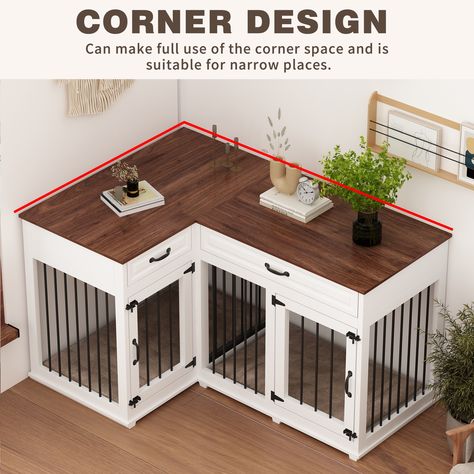 Corner Dog Crate Diy, Dog Kennel Bench Seat, Corner Kennel, Diy Furniture Dog Crate, Diy Dog Crate Furniture, Corner Dog Crate, Large Dog Crate Small Space, Extra Large Dog Crate Furniture, Dog Crate Ideas