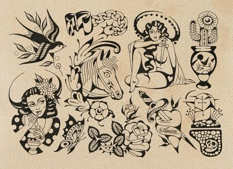 Cowgirl Tattoo Flash, Traditional Tattoo Art Flash, Traditional Folk Tattoo, Trad Flash Sheet, Oldschool Tattoo Flash, Traditional Flash Sheet, Vintage Flash Tattoo, Classic Tattoo Flash, Traditional Flash Tattoo