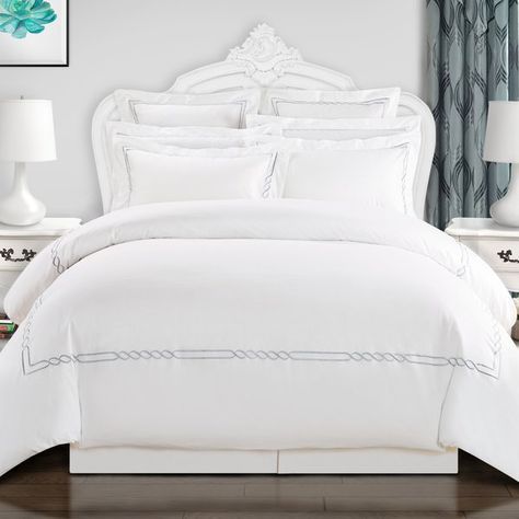 The Lorenz Duvet Cover adds a touch of class with its graceful Figaro link pattern that will transform any bedroom in your home into a room at a five-star resort. The luxurious embroidered framework design is simply charming and yet sophisticated. Sleep in sateen softness with this duvet cover made with highest quality 100% premium cotton at an outstanding value. The embroidery design is a classic yet modern for a first-class style to complement any style. This gorgeous duvet cover set featur... Classic Bedding Sets, Embroidered Duvet Cover, Twin Xl Duvet Covers, Come Undone, Hotel Style, Cotton Duvet Cover, King Duvet, King Duvet Cover, Cotton Duvet