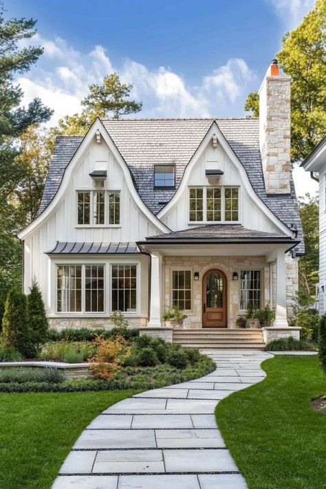 Cottages White And Stone House, House With Gables, White House With Stone Accents, Cottage With Front Porch, Arched Porch, French Cottage Exterior, Farm Lake House, Lake Cottage Exterior, Modern French Country Exterior