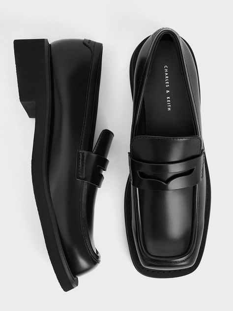 Black Boxed Monique Square-Toe Loafers - CHARLES & KEITH US Square Loafers, Loafers Look, Charles And Keith Shoes, Grey Pants Outfit, Shoe Rotation, Square Toe Loafers, Charles And Keith, Slippers Heels, Boots Socks