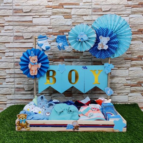 Blue baby boy hamper Naming Ceremony Gift Packing Ideas, Baby Boy Gifts Basket, Naming Ceremony Gift Ideas, Baby Hampers Packaging, Baby Hamper Ideas Baskets, Baby Boy Hamper Ideas, Baby Hampers Ideas Gift, Baby Gift Packing Ideas, Baby Boy Gift Basket Ideas