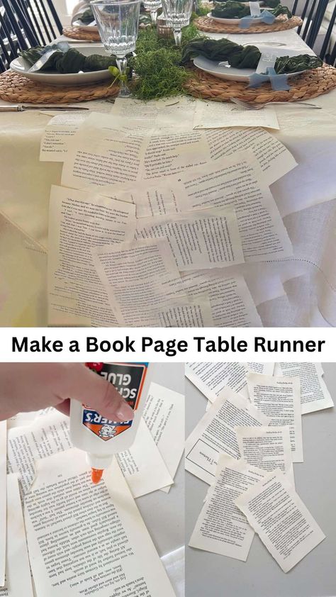 How to Make a Book Page Table Runner - traditionallycozy.com Book Pages Centerpiece, Book Page Runner Diy, Book Page Runner, Book Page Table Runner Diy, Book Table Runner, Book Club Table Decor, Book Party Ideas For Adults, Book Page Table Runner, Book Tea Party