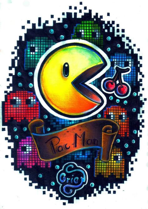 Pac Man Tattoo, Pac Man Wallpaper, Pacman Tattoo, Retro Games Wallpaper, Sticker Tattoo, Tattoo Trend, Graffiti Words, Sketch Tattoo Design, Nintendo Art