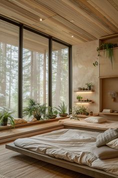 Organic Modern Loft, Room Nature Aesthetic, Minimalist Interior Design Bedroom, Minimalistic Bedroom Ideas, Modern Wood Interior, Contemporary Minimalist Bedroom, Organic Bedroom Decor, Rustic Modern Bedroom, Tranquil Interior