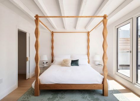 Hand-crafted pieces of furniture designed by Fitzhugh Karol include the wooden four-poster bed in the main bedroom. Bespoke Dining Table, Brooklyn Home, Townhouse Interior, White Oak Hardwood Floors, White Dining Room, Four Poster Bed, Four Poster, Poster Bed, Main Bedroom