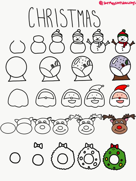 Gingerbread Doodle Christmas, Christmas Art Step By Step, Easy To Draw Christmas Doodles, Xmas Letter Ideas, Christmas Drawing Ideas Step By Step, Snowman Doodle Easy, Christmas Letter Design Ideas, How To Draw Rudolph Step By Step, Christmas Drawing Doodles