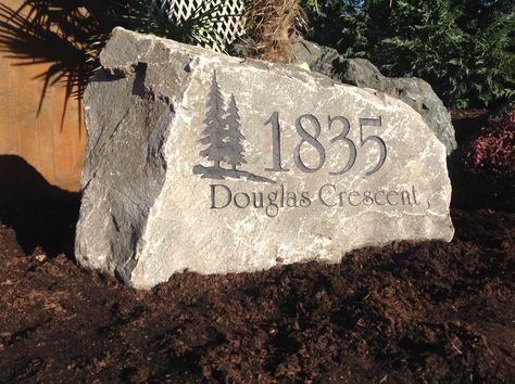 Engraved Stones For Yard, Stone Signage, Rock Engraving, Donor Signage, Address Stone, Oberoi Hotels, Driveway Entrance Landscaping, Entrance Signage, Mailbox Landscaping