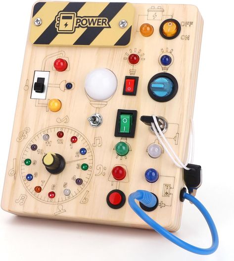 Wooden Busy Board Sensory Toys with 8 LED Light switches, Travel Toys Montessori Toys for 1 Year Old Baby Toodler Wooden Toddler Toys, Baby Sensory Board, Montessori Busy Board, Toys Montessori, Wooden Toys For Toddlers, Busy Boards For Toddlers, Activity Board, Light Switches, Travel Toys