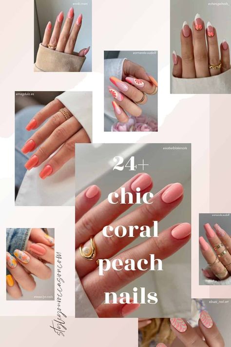 Looking for a fun, tropical-inspired nail color? Try some of these beautiful pink shades! Coral French Tip Nails Almond, Peach Color Nail Ideas, Peach Tip Nails, Peach Short Nails, Peach Nails With Designs Summer, Coral Almond Nails, Peach Nails With Designs, Nail Color Ideas For Summer, French Tip Styles