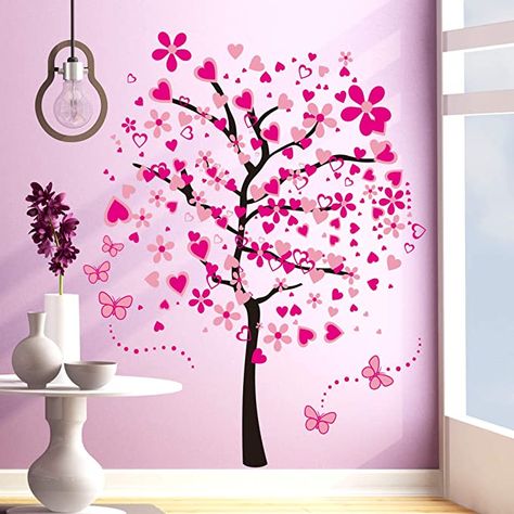 Red Living Room Walls, Diy Butterflies, Tree Wall Decals, Branch Tree, Heart Wall Stickers, Pink Cartoon, Diy Wall Decals, Cartoon Heart, Wall Decals For Bedroom