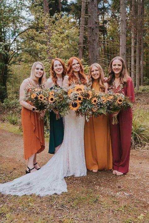 Outdoor woodland wedding with the bride in a lace wedding dress holding a Sunflower wedding bouquet by Grace Elizabeth Photography Holding Sunflower, Apple Wedding, Sunflower Wedding Bouquet, Grace Elizabeth, Cabin Wedding, Bouquet Inspiration, Elegant Photo, Massachusetts Wedding, Floral Wedding Dress