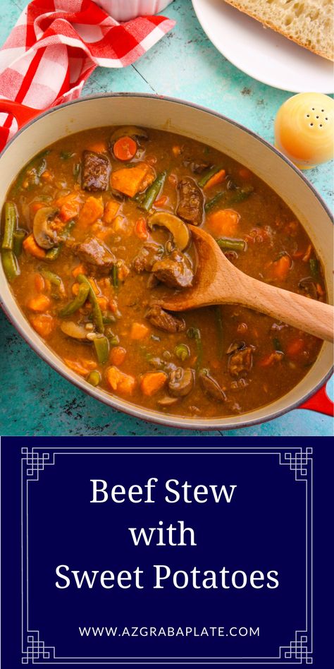 Beef Stew with Sweet Potatoes is an ideal dish to make when you need something hearty, flavorful and comforting. It's a great time of the year to serve this satisfying meal that's easy to make. Beef Stew With Sweet Potatoes, Beef And Sweet Potato Stew, Stew With Sweet Potatoes, Sweet Potato Beef Stew, Slow Cooker Bbq Beef, Bbq Beef Sandwiches, Sweet Potato Stew, Mexican Stew, Potato Stew