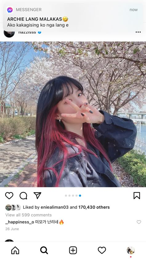 Douyin Dyed Hair, Red Underdye Hair, Underdye Hair, Hair Dyed Underneath, Red Pink Hair, Hidden Hair Color, Two Toned Hair, Pink Hair Dye, Hair Color Underneath