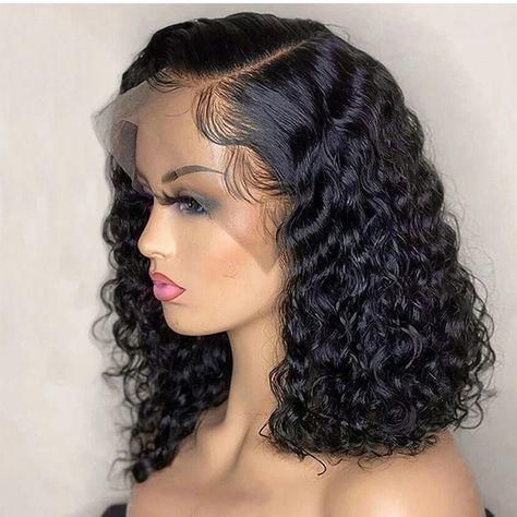 Deep Wave 180% Density Pre-Plucked Side Part Short Bob 13*4 Lace Frontal Brazilian Virgin Human Hair Wigs For Black Woman - AliExpress 200165144 Bob Pendek, Brazilian Hair Wigs, Silky Smooth Hair, Curly Bob Wigs, Short Curly Bob, Deep Wave Hairstyles, Short Bob Wigs, Peruvian Hair, Side Part