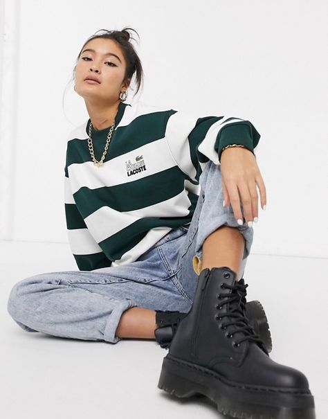 Lacoste Aesthetic Outfit, Lacoste Women Outfit, Striped Sweatshirt Outfit, Lacoste Outfit Women, Lacoste Outfit, Lacoste Clothing, Sweat Oversize, Camisa Adidas, Lacoste Vintage