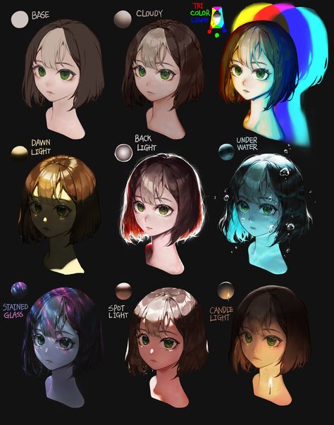 Light References Drawing, Digital Coloring Styles, Color Pencil Digital Art, Light Art Reference, How To Draw Lighting Digital, Drawings With Lighting, Types Of Lighting Art, Drawing Hair Highlights, Hair Colour Reference