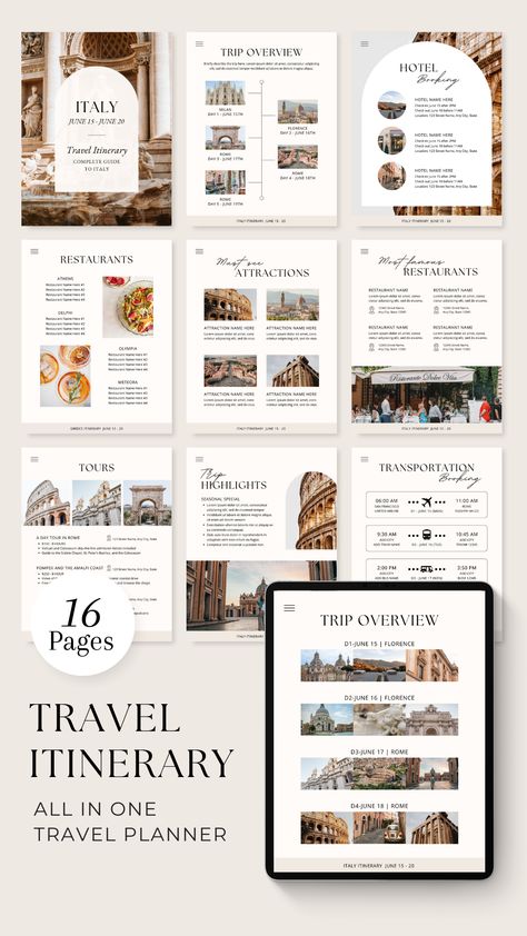 Digital travel itinerary template that helps you plan and make sure it goes smoothly. The template is fully editable in Canva for free and you can add hyperlinks to your online resources (locations, boarding passes, etc.) Once finish editing, download the template as a PDF so you can access it on your phone or get it printed into a paper copy itinerary. Itinerary Design Travel, Itinerary Presentation, Holiday Powerpoint Template, Canva Travel Itinerary, Holiday Itinerary Template, Itenerary Travel Design, Travel Itenary Template, Canva Itinerary, Travel Itinerary Design