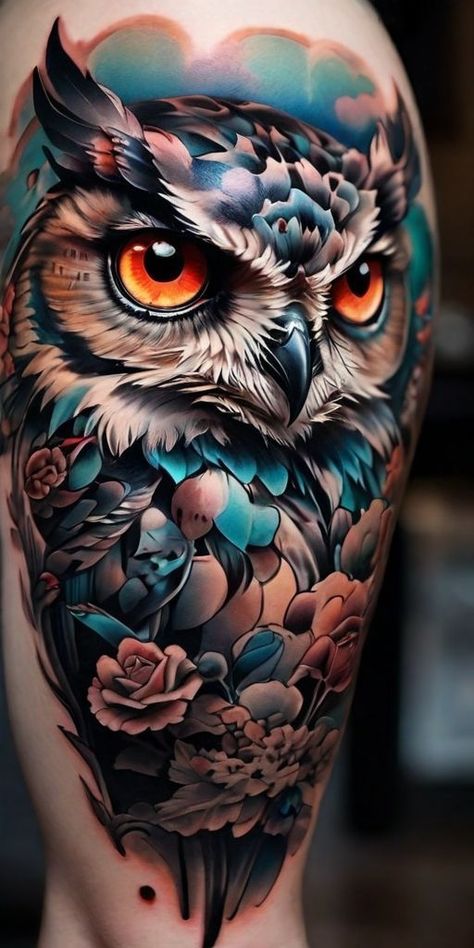 Owl Thigh Tattoos, Owl Forearm Tattoo, Polka Tattoo Designs, Colorful Owl Tattoo, Owl Tattoo Sleeve, Trash Polka Tattoos, Tattoos Flowers, Trash Polka Tattoo Designs, Polka Tattoo