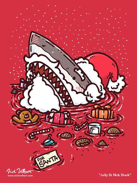 A shark peeks out of the water, surrounded by an assortment of cookies and gifts, dressed as Jolly St Nick! Christmas Shark, Easy Christmas Drawings, Christmas Cards Drawing, Sea Dream, Eat Cookies, Shark Art, Creepy Christmas, Cute Shark, O Holy Night