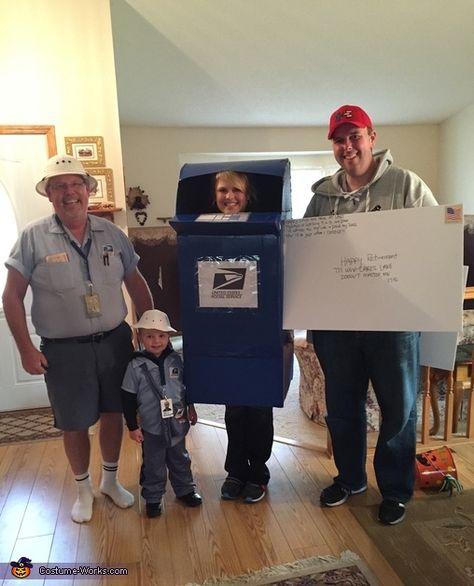 Breanna: Our costumes were a tribute to my dad who is retiring from the USPS after 35 years of service. Eli (2.5 years) is the letter carrier. This costume was bought.... Usps Halloween Costume, Mail Halloween Costume, Diy Mail Carrier Costume, Postal Worker Costume, Mailman Costume, Group Costumes Halloween, Creative Group Costumes, Zombie Makeup Easy, Work Incentives