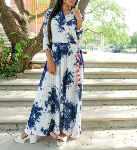 Tie And Dye Dresses Indian Kurti, Tie Dye Dress Outfit, Tie And Dye Dress, Black Pakistani Dress, The Secret Label, Navy And White Dress, Long Frock, Long Kurti Designs, Designer Dresses For Women