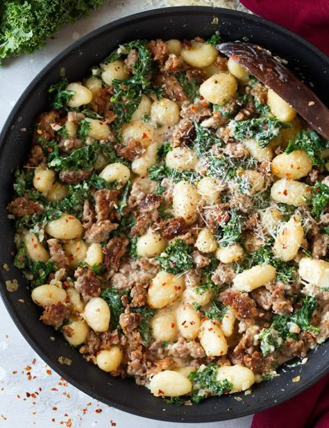 Gnocchi Sausage Recipes, Gnocchi With Italian Sausage, Kale Gnocchi, Gnocchi Dinner, Creamy Gnocchi, Bean And Sausage Soup, Pan Sausage, Sausage And Kale, Gnocchi Pasta