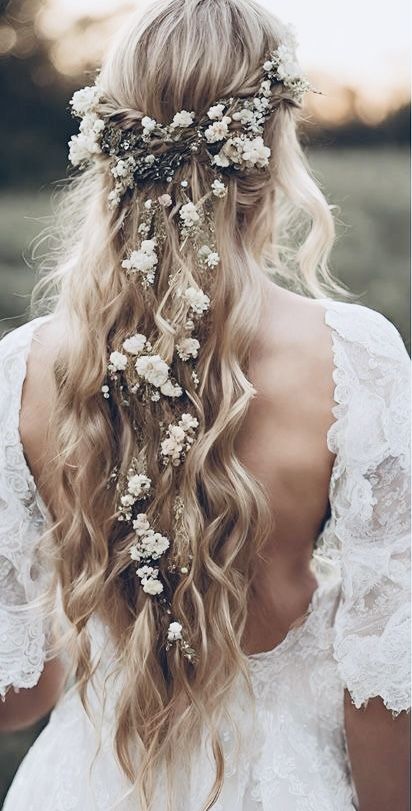 Bohemian Hair Styles Wedding, Wedding Hair With Daisies, Viking Flower Crown, Boho Wedding Hair Brunette Flowers, Celtic Hairstyles Wedding, Faerie Wedding Hair, Wedding Hair Unique, Cottagecore Wedding Hairstyles, Elvish Wedding Hairstyles