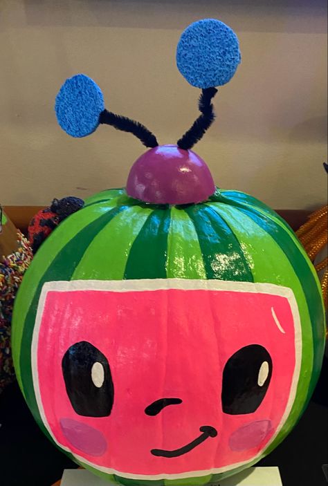 Pumpkin Painting Ideas Cartoon Characters, Rainbow Pumpkin Painting Ideas, Daycare Pumpkin Decorating Contest, Family Pumpkin Painting Ideas, Animal Painted Pumpkins, Blue Pumpkin Painting Ideas, Bluey Pumpkin Painting, Baby Shark Pumpkin, Cocomelon Pumpkin