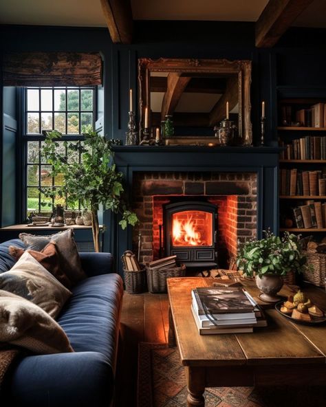 Vintage Room Ideas, Dark Living Room Ideas, Dark Dining Room, Moody Living Room, Earthy Living Room, High Ceiling Living Room, Dark Living Rooms, Cottage Living Rooms, Living Room Living Room