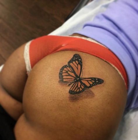 Big Butterfly Tattoo On Buttcheek, Butterfly Thigh Tattoo Black Women, Butterfly Tattoo Buttcheek, Butterfly On Buttocks Tattoo, Butterfly Tattoo On Buttocks, Butterfly Buttcheek Tattoo, Stomach Tattoos Women Words, Big Butterfly Tattoo, Mini Tattoos Finger