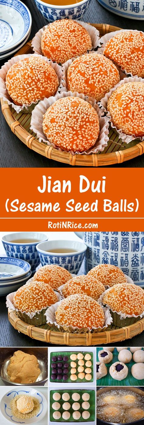 Make these popular dim sum favorite, Jian Dui or Sesame Seed Balls at home. These are gluten free with a little sweet potato mixed into the dough. | Food to gladden the heart at RotiNRice.com Jian Dui, Sesame Seed Balls, Glutinous Rice Balls, Kuih Lapis, Dim Sum Recipes, Seed Balls, Chinese Dessert, Sesame Seed, Red Bean