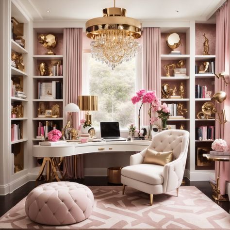 7 Dream Contemporary Glam Interior Decorating Ideas | Home Wall Art Decor Bridgerton Office Decor, Work From Home Office Design, Milanote Ideas, Female Office Ideas, Peach Office, Feminine Home Office Classy, French Country Office, Rebranding Ideas, Glam Office Decor