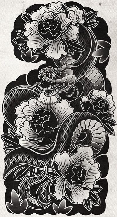 Japanese Black Work Tattoo, Japanese Tattoo Sleeve Stencil, Japanese Sleeve Tattoos Design, Japanese Nature Tattoo Sleeve, Black And White Irezumi, Japanese Small Tattoo Men, Black And White Half Sleeve Tattoo Women, Japanese Ornamental Tattoo, Japanese Traditional Tattoo Black