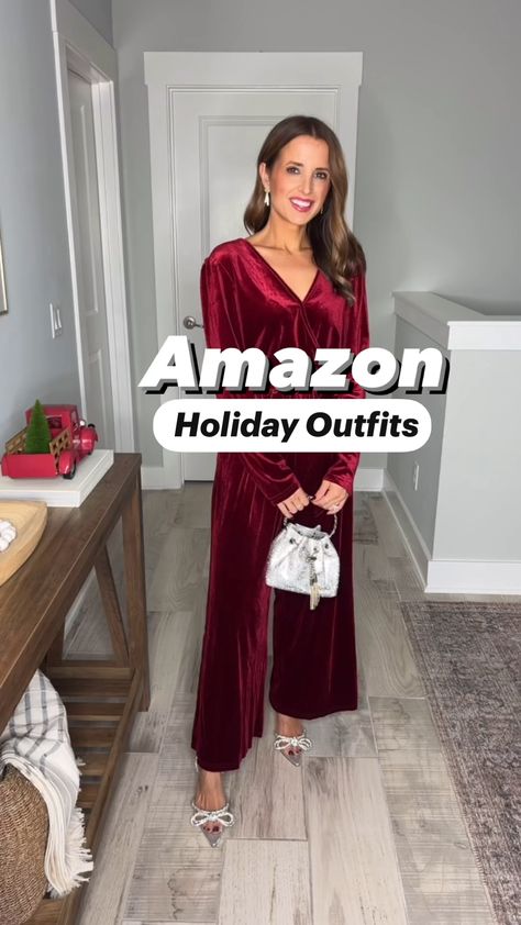 Classy holiday outfits from Amazon. From velvet dresses and jumpsuits to sparkly pants, Amazon has the best christmas outfits for women! Winter wedding guest outfits or formal holiday party outfits. Are you wearing red, green, or black for you next holiday party? #affiliatelink Hunter Green Christmas Outfits, Night Out Holiday Outfit, Black Velvet Outfits For Women, Christmas Jumpsuit Outfit, 70s Christmas Party Outfit, Work Party Christmas Outfit, Christmas Woman Outfits, Christmas Staff Party Outfit, Green Winter Dress Outfit