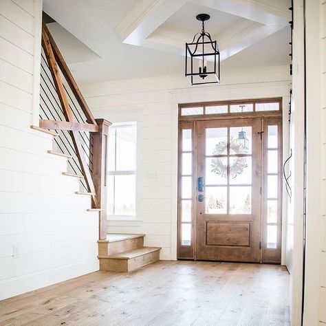 This is just like our foyer will be! @whitesparrowfarm did such a gorgeous job on her rendition of @adhouseplans #30081rt! She turned her… Open Entryway, Farmhouse Entryway, Stair Case, Foyer Decorating, Entry Way Design, Farmhouse Interior, House Goals, Style At Home, House Inspo