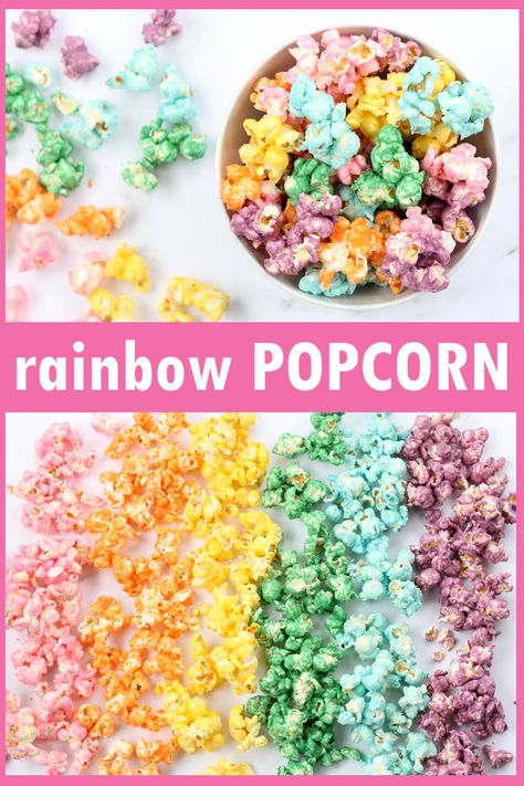 Rainbow popcorn! How to make colored popcorn, a fun food idea for a rainbow party. Unicorn food. #UnicornFood #RainbowPopcorn #coloredpopcorn Colored Popcorn Recipe, Baby Shower Foods, Unicorn Popcorn, Popcorn Ideas, Shower Foods, Popcorn Recipes Easy, Rainbow Popcorn, Unicorn Food, Colored Popcorn