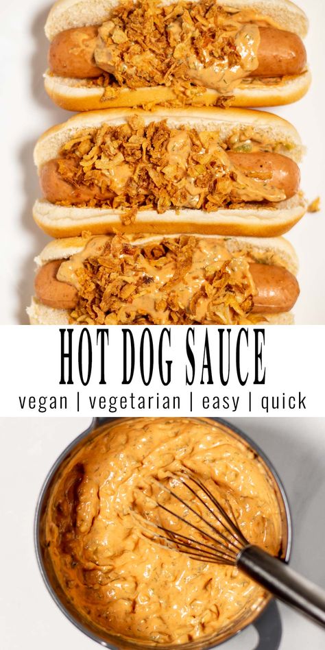 Hot Dog Sauce is an all purpose sauce for all your hot dogs. Creamy, tangy, rich and simply amazing this is a keeper that the whole family will enjoy. It comes with everything that you love and know because that makes preparing any hot dog seriously such a breeze and so easy. #vegan #dairyfree #vegetarian #dinner #lunch #condiment #contentednesscooking #hotdogsauce Best Hot Dog Sauce Recipe, Greek Hot Dog Sauce Recipe, Hot Dog Sauce Recipe, Hot Dog Chili Sauce, Vegan Bbq Recipes, Vegan Hot Dog, Hot Dog Sauce, Hot Dog Recipes, Vegan Sauces