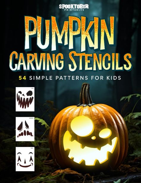 54 Easy-to-carve patterns that will make you look like a pro. Step by step instructions will help you get your jack-o-lantern ready quickly. Pumpkin carving tips to help you carve your pumpkin and make it last longer. Ideas for kids. Finding and picking a face can be the hardest part. With this book everything you need will be in one place. Pumpkin Carving Printables, Pumpkin Carving Tips, Halloween Pumpkin Stencils, Pumpkin Carving Stencils, Patterns For Kids, Pumpkin Stencils, Carving Stencils, Halloween Jokes, Scary Pumpkin Carving