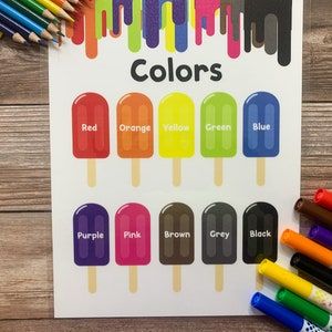 Colors Chart Popsicle Colors Learn Colors Color Chart | Etsy India Colors Circle Time, Name Chart Ideas, Colors Posters For Classroom, Color Chart Preschool, Colors Chart Preschool, Color Posters For Classroom, Color Chart Printable, Infant Teacher, Preschool Classroom Rules