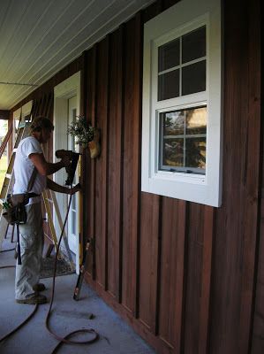 board and batten siding - Google Search Shed House Exterior Colors, Vertical Cedar Siding Exterior, Brown Board And Batten Siding, T111 Siding Exterior, Cedar Siding Exterior Colors, Board And Batten Cabin, Cedar Siding Exterior, Brown House Exterior, Board Batten Siding