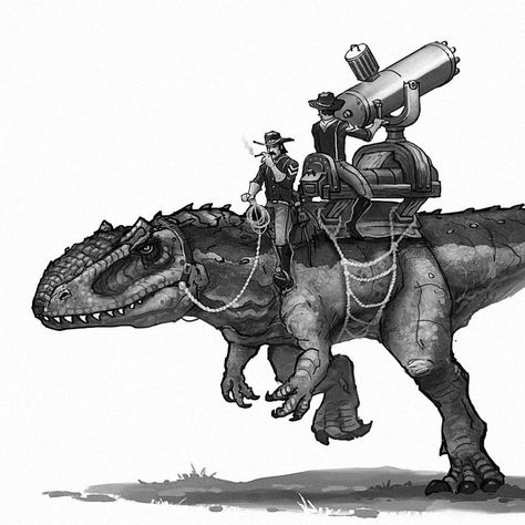 1,720 Likes, 18 Comments - Shaun Keenan (@shaunmichaelkeenan) on Instagram: “Bring in the big gun. #oldwestdinosaurs #giganotosaurus #cowboy #cavalry #gatlinggun #dinosaurs…” Nature Artwork Draw, Creature Fantasy, Dinosaur Drawing, Ark Survival Evolved, Paleo Art, Nature Artwork, Jurassic Park World, Dinosaur Art, Prehistoric Creatures