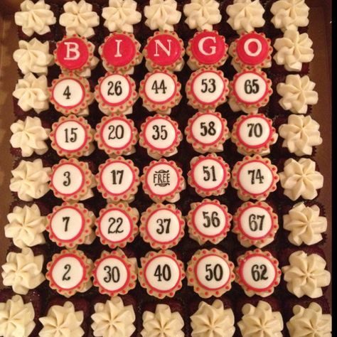 Bingo Cupcakes Bingo Party Food, Bingo Cupcakes, Bingo Fundraiser, Bingo Cake, Bingo Birthday, Bingo Card Generator, Bingo Party, 75th Birthday Parties, Pto Ideas