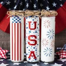 White Candles Decor, Dollar Tree Diy Candle, Cricut Candles, Decorating Candle Jars, Rose Sugar Scrub, Patriotic Candles, Blue Pillar Candles, Dollar Store Candles, Sugar Scrub Cubes