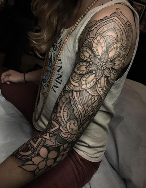 100+ Awesome Examples of Full Sleeve Tattoo Ideas | Cuded Feminine Mandala, Mandala Arm Tattoo, Nikko Hurtado, Mandala Sleeve, Girls With Sleeve Tattoos, Full Sleeve Tattoo Design, Tattoos Geometric, Tattoos Skull, Full Sleeve Tattoos